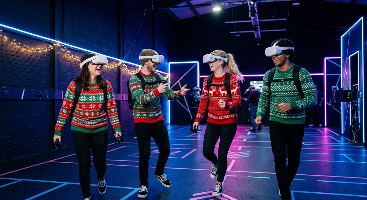 Experiencias para regalar en Navidad: amigos con jerséis navideños jugando en realidad virtual