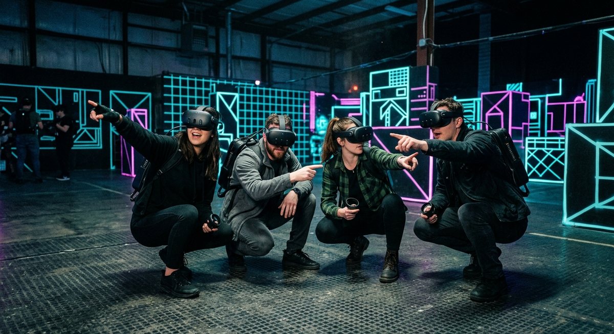 Plan a cubierto en Madrid con lluvia: equipo jugando en una arena de realidad virtual