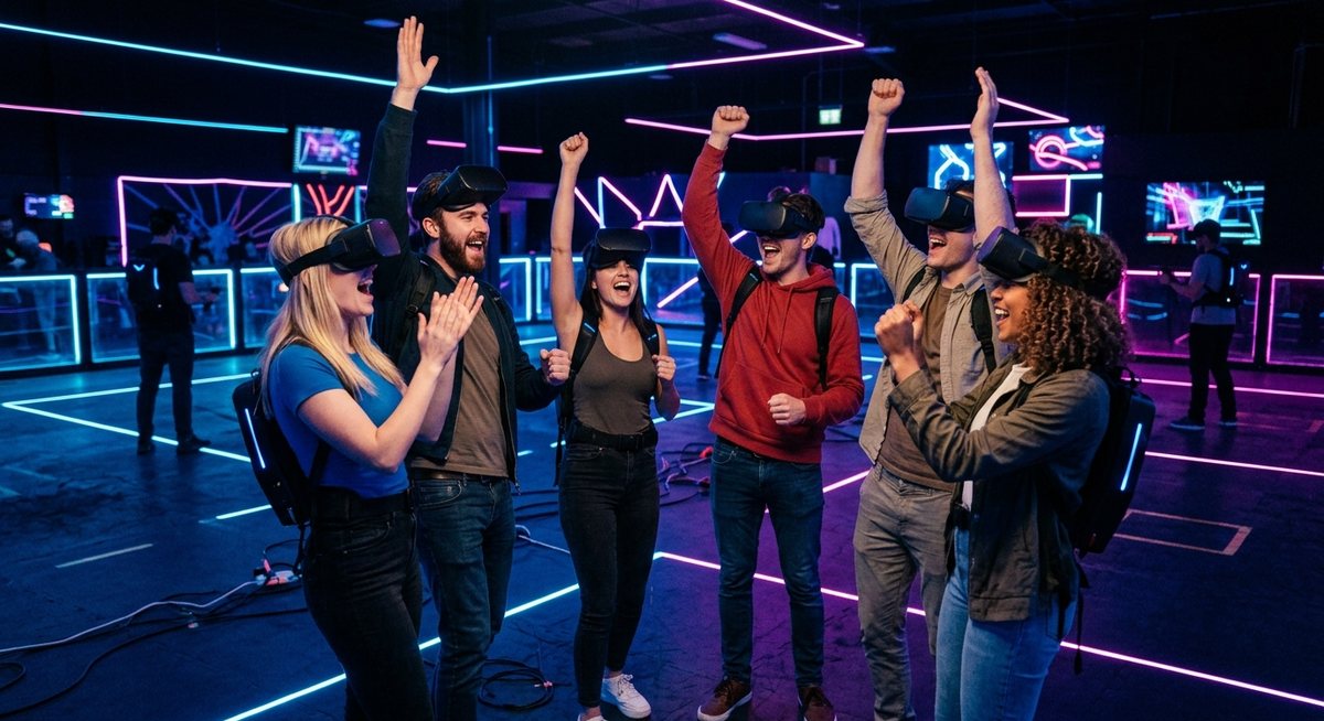 Qué hacer en Madrid: grupo de amigos celebrando en una arena de realidad virtual